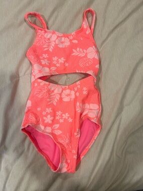 Girls' Floral Cutout One-Piece Swimsuit - Neon Coral Pink